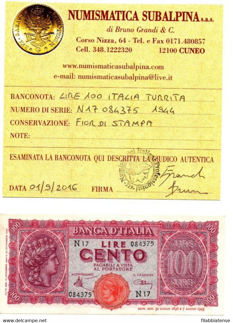 Italia - 100 Lire 1944 - Turrita - Periziata      ---- - 100 Liras