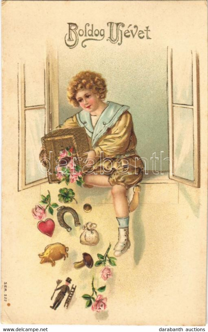 T2/T3 1907 Boldog Újévet! / New Year Greeting Art Postcard, Child With Horseshoe, Pig, Clover. Art Nouveau, Emb. Litho ( - Non Classificati