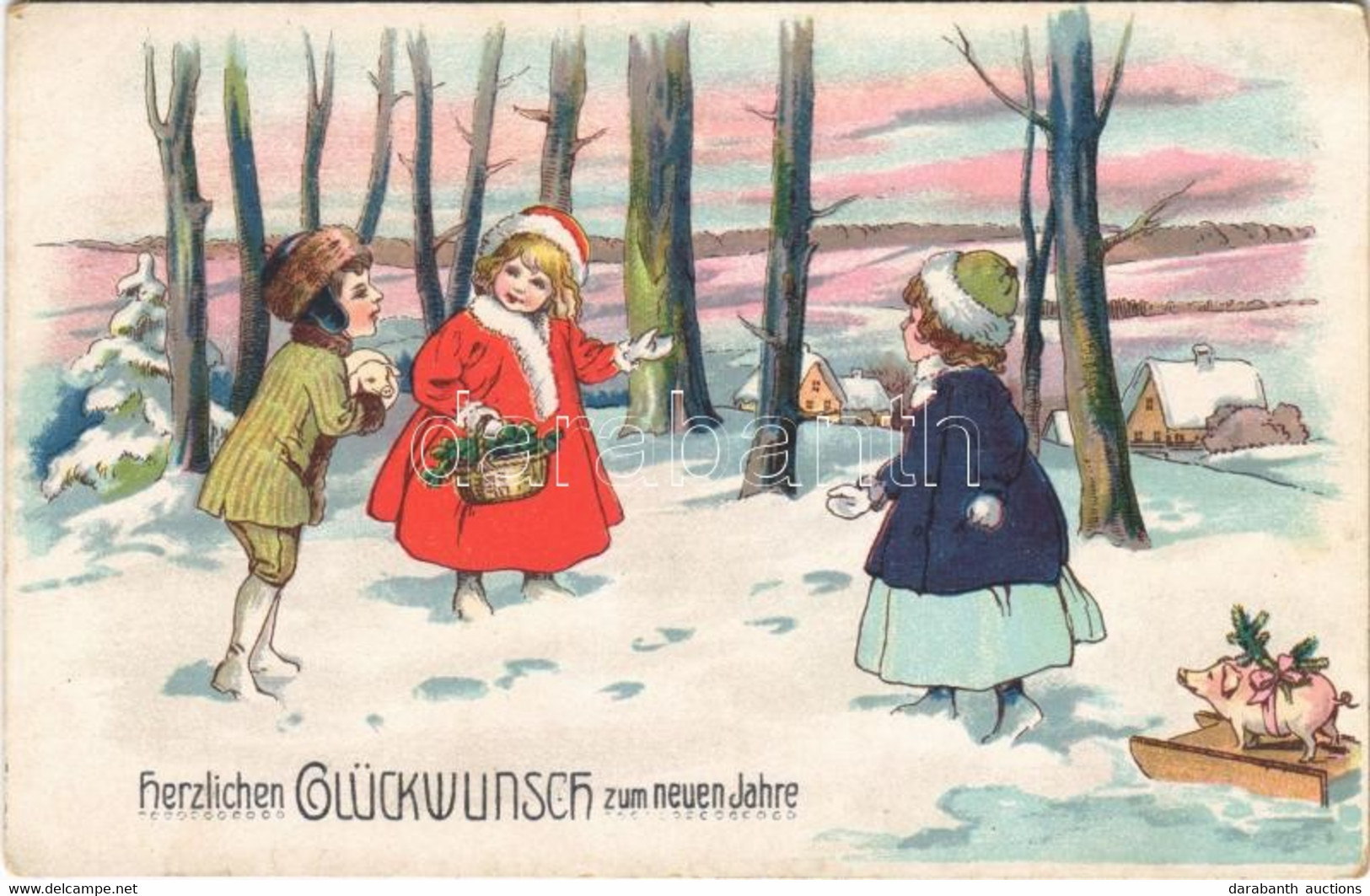 * T2/T3 Herzlichen Glückwunsch Zum Neuen Jahre / New Year Greeting Art Postcard, Children With Pigs - Non Classificati