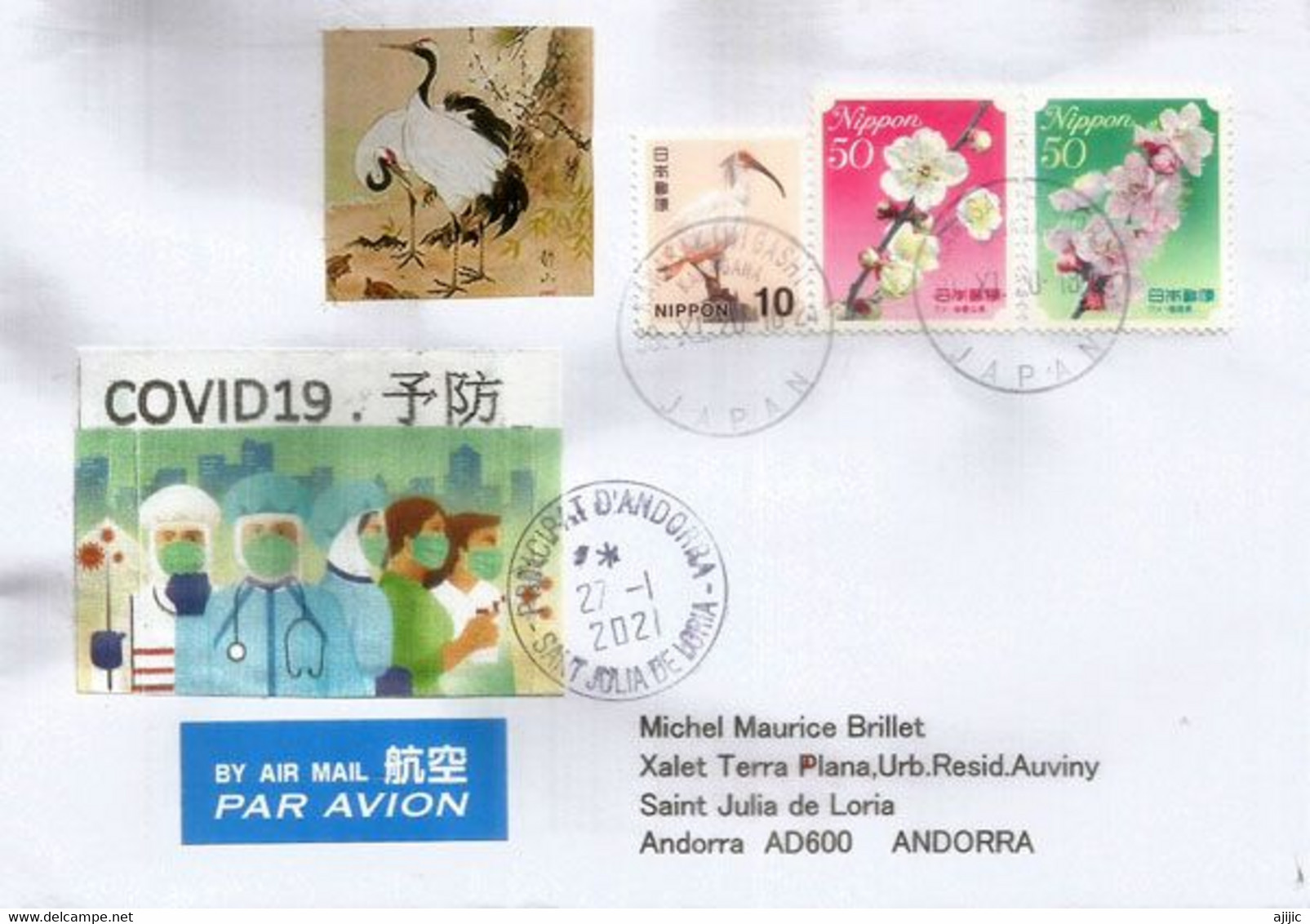 Lettre Du JAPON, Arrivée Andorra Pendant Confinement épidémie Covid-19,avec Vignette  De Prevention Du Coronavirus - Covers & Documents