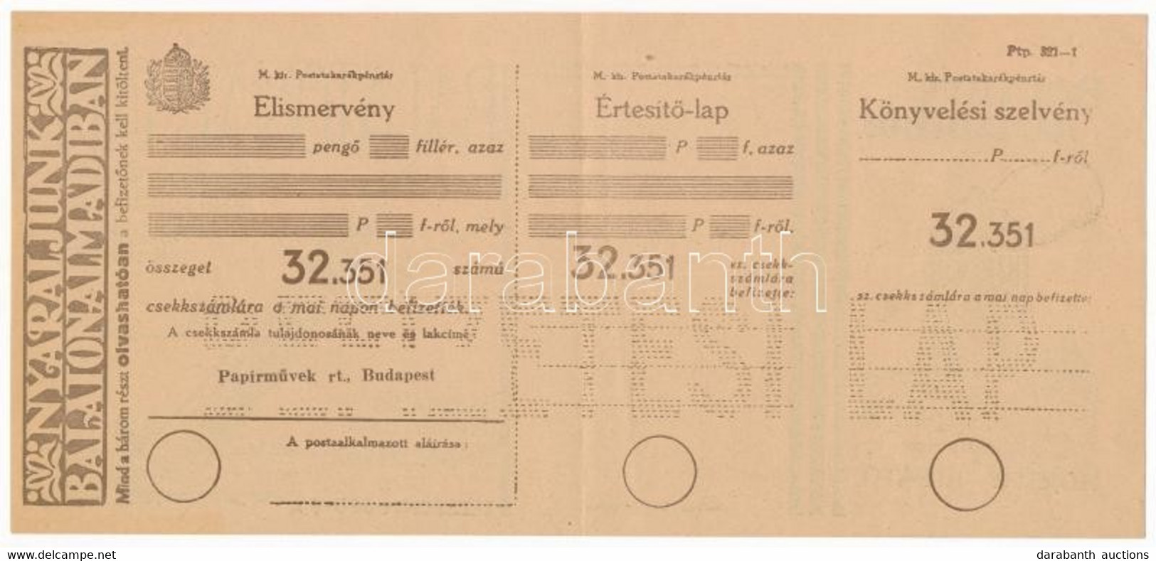 DN "M. Kir. Postatakarékpénztár" Kitöltetlen Befizetési Lap, Hátulján Balatonalmádi Reklám T:III - Unclassified