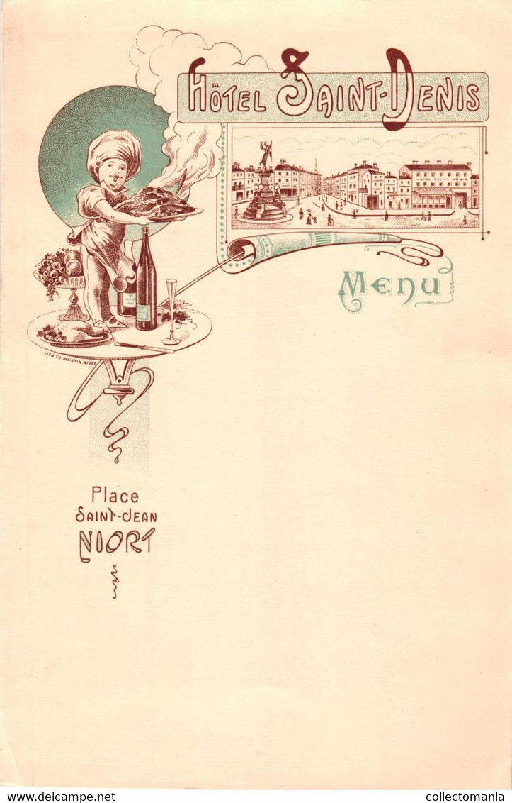 1 Carte Menu Hôtel Saint Denis Place Saint -Jean NIORT Litho. TH. Martin - Menus