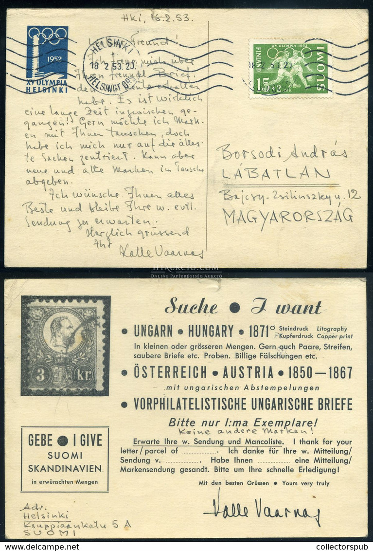 FINNORSZÁG 1953. Bélyegkereskedői Képeslap, Olimpia Bélyeggel Magyarországra Küldve - Brieven En Documenten