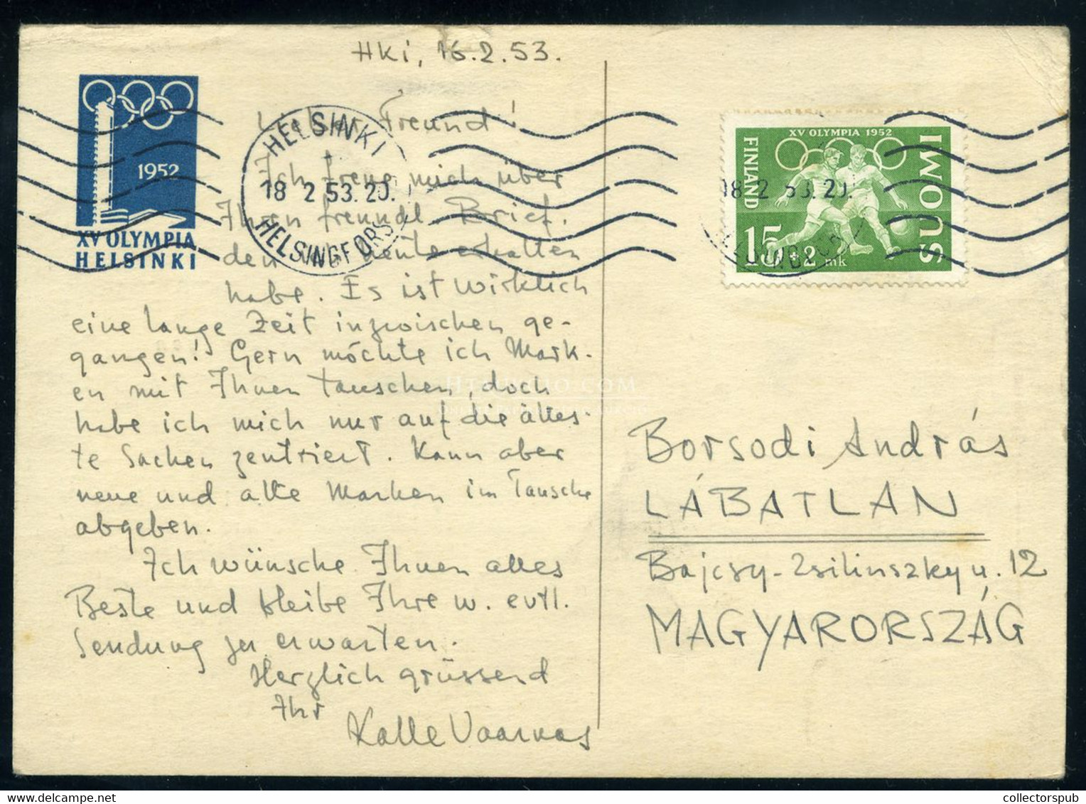 FINNORSZÁG 1953. Bélyegkereskedői Képeslap, Olimpia Bélyeggel Magyarországra Küldve - Brieven En Documenten