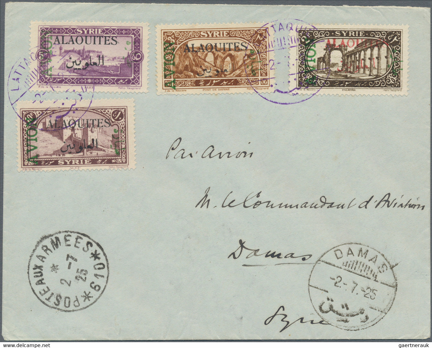 Alawiten-Gebiet: 1925, Airmails 2pi.-10pi., Complete Set On Philatelic Cover Postmarked With Violet - Brieven En Documenten