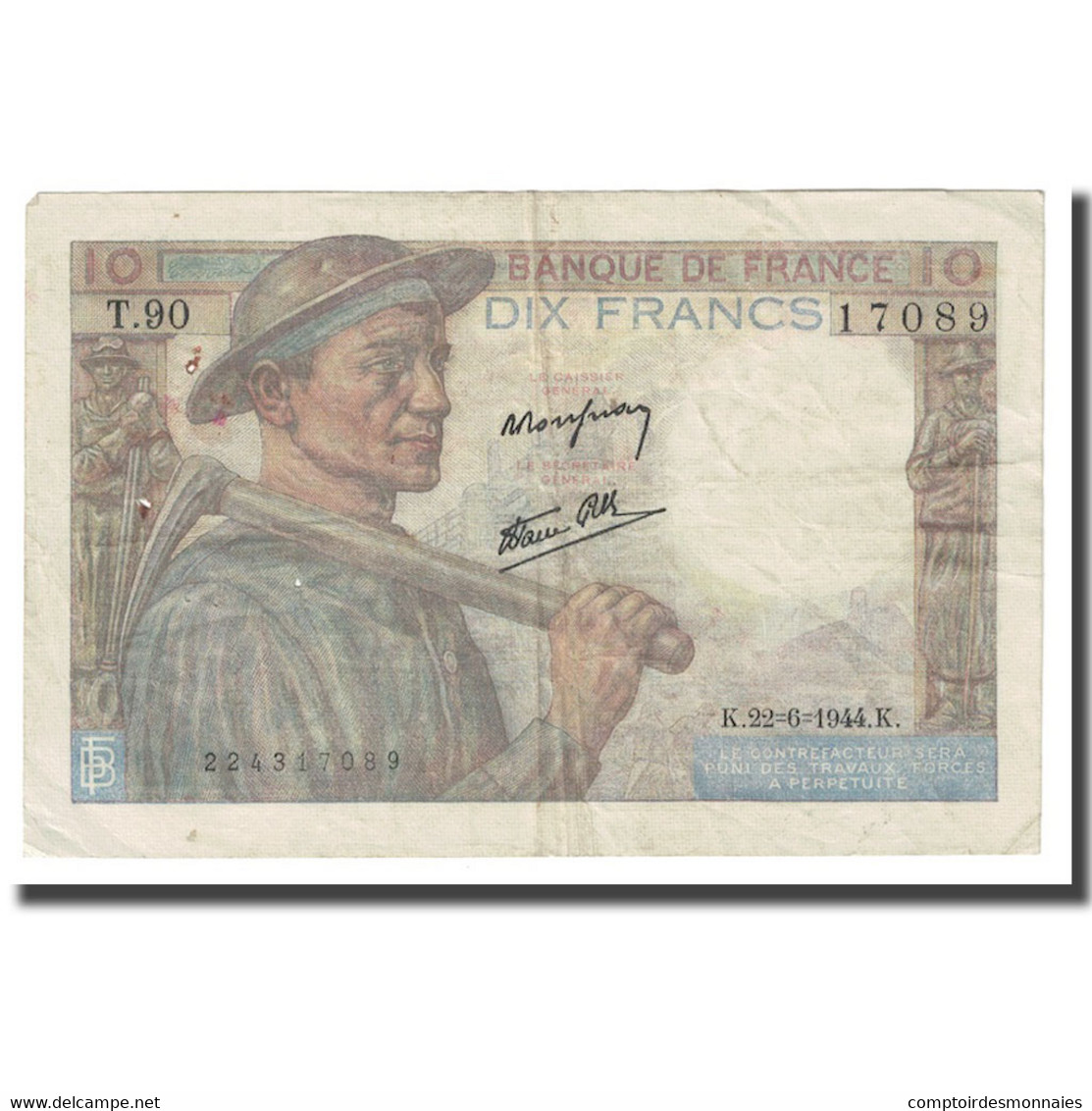 France, 10 Francs, Mineur, 1944, 1944-06-22, TB, Fayette:8.12, KM:99e - 10 F 1941-1949 ''Mineur''