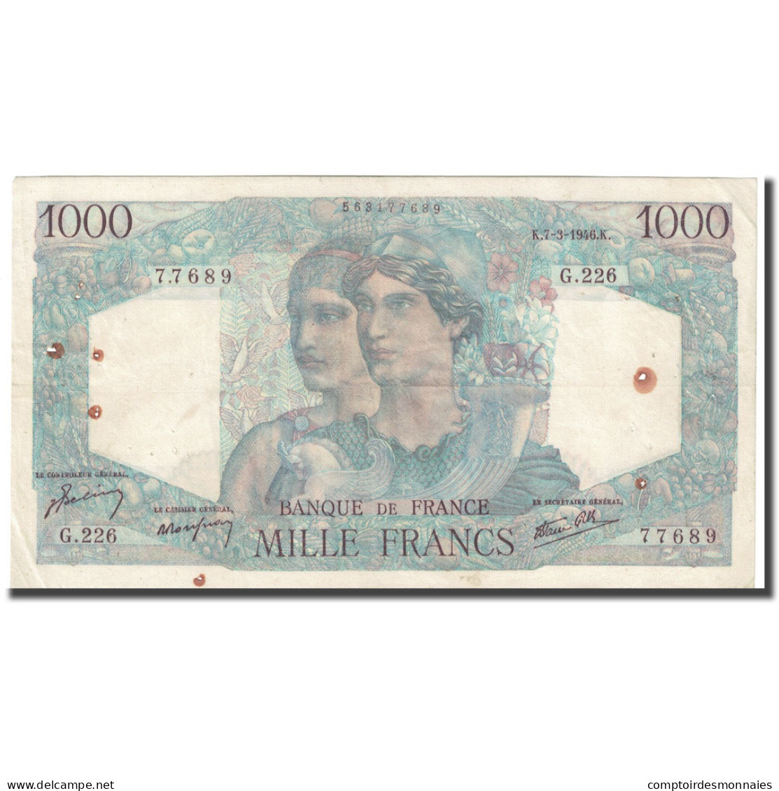 France, 1000 Francs, Minerve Et Hercule, 1946, 1946-03-07, TB+, Fayette:41.12 - 1 000 F 1945-1950 ''Minerve Et Hercule''