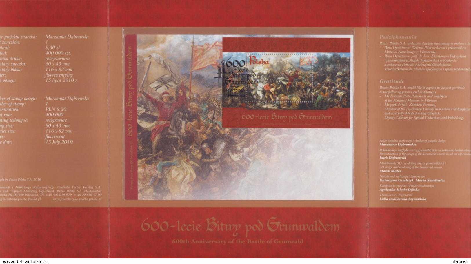 Poland 2010 Souvenir Folder With FDC Mi Block 195 O "The Battle Of Grunwald" - Painting By Jan Matejko 1410 MNH** F - Postzegelboekjes