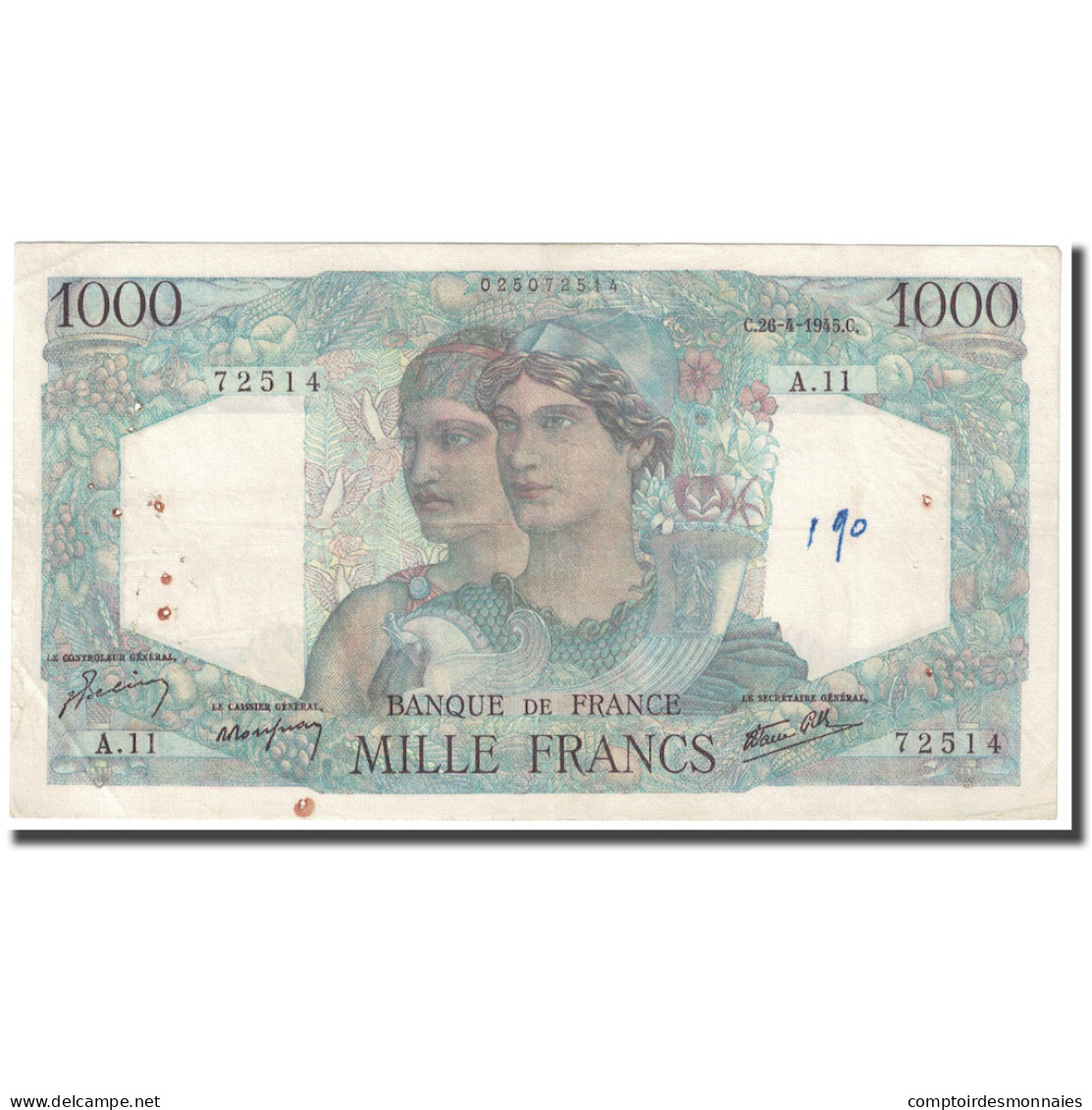 France, 1000 Francs, Minerve Et Hercule, 1945, 1945-04-26, TB+, Fayette:41.2 - 1 000 F 1945-1950 ''Minerve Et Hercule''