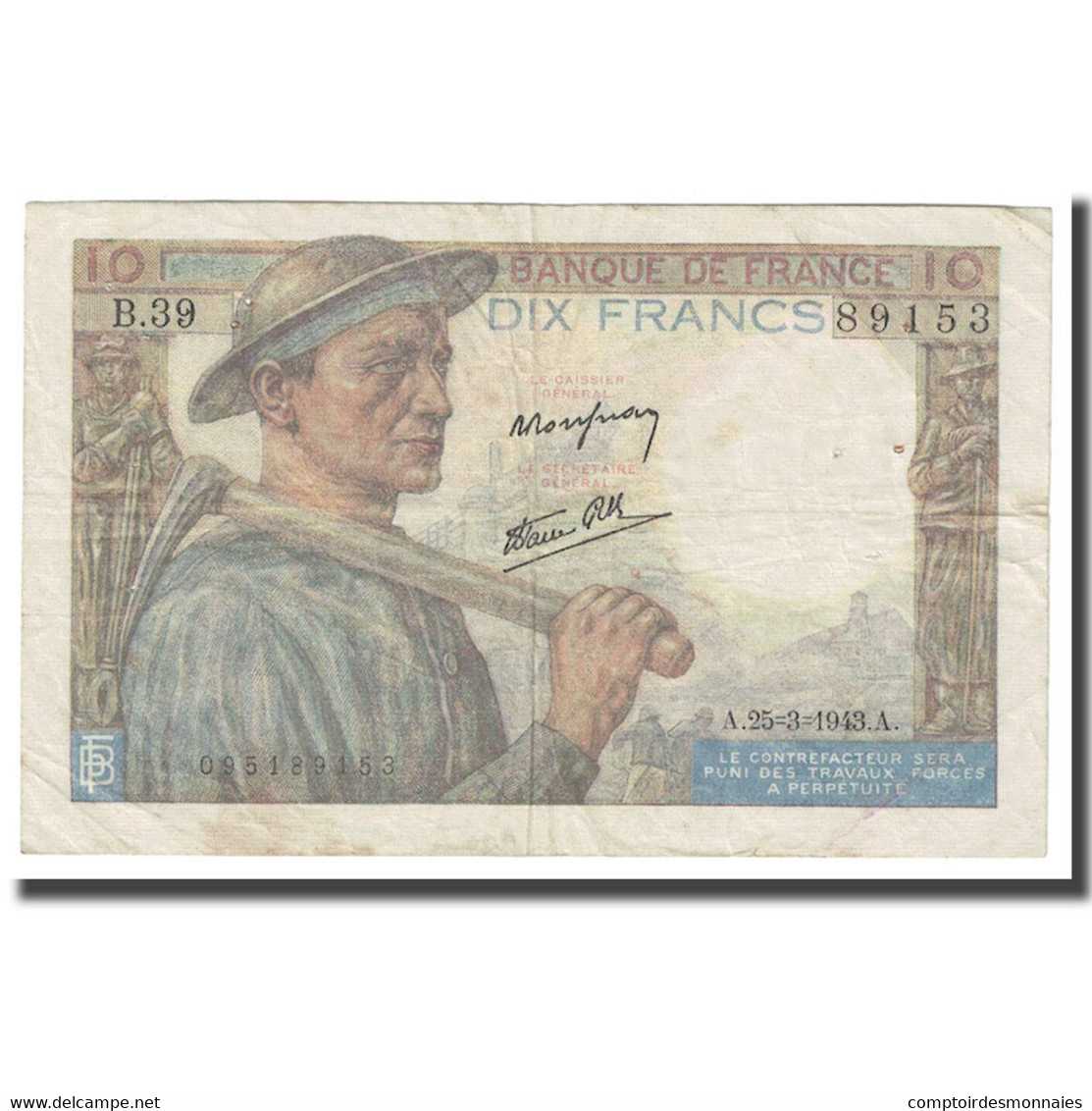 France, 10 Francs, Mineur, 1943, 1943-03-25, TB+, Fayette:8.8, KM:99e - 10 F 1941-1949 ''Mineur''