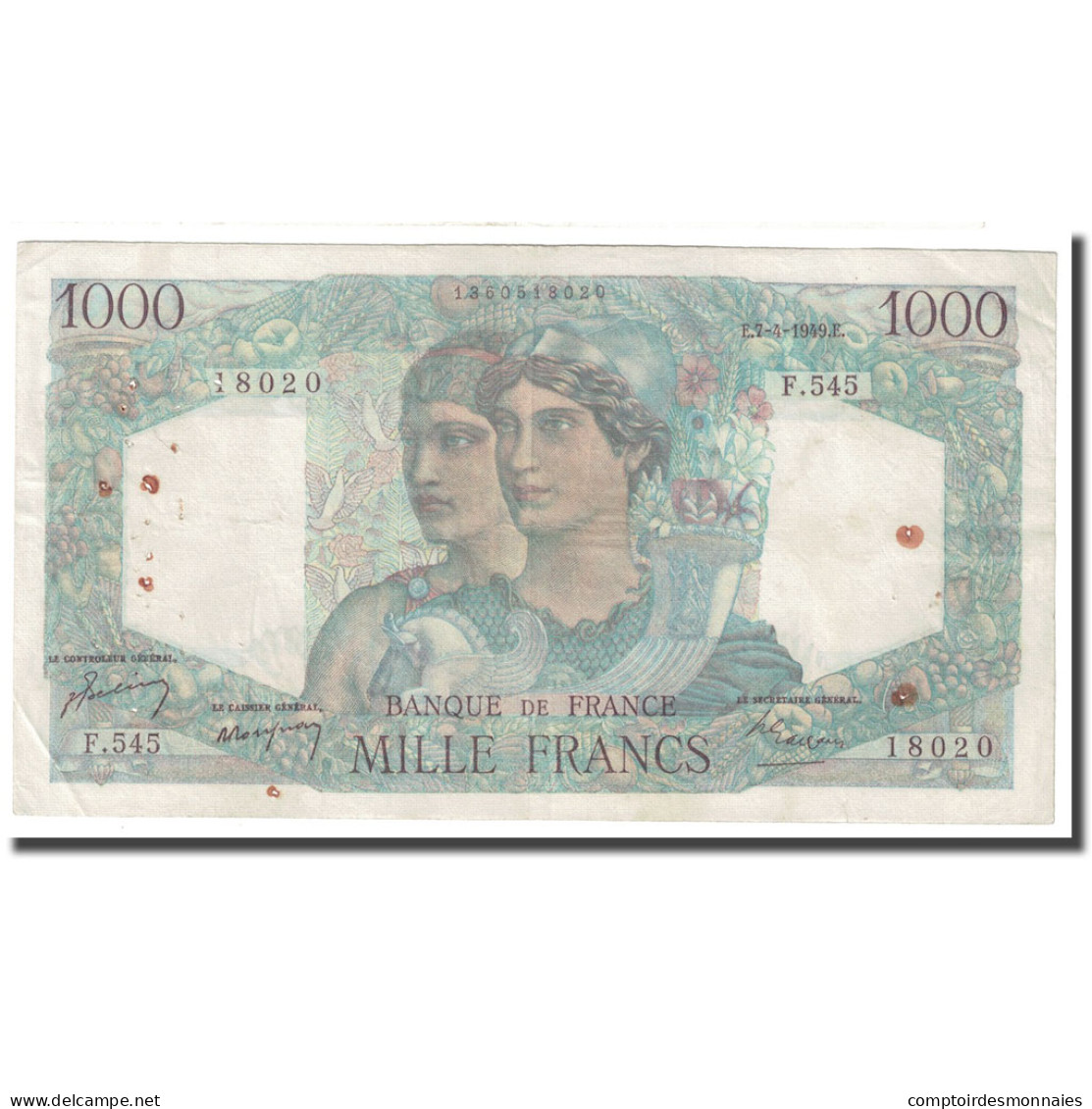 France, 1000 Francs, Minerve Et Hercule, 1949, 1949-04-07, TB+, Fayette:41.26 - 1 000 F 1945-1950 ''Minerve Et Hercule''