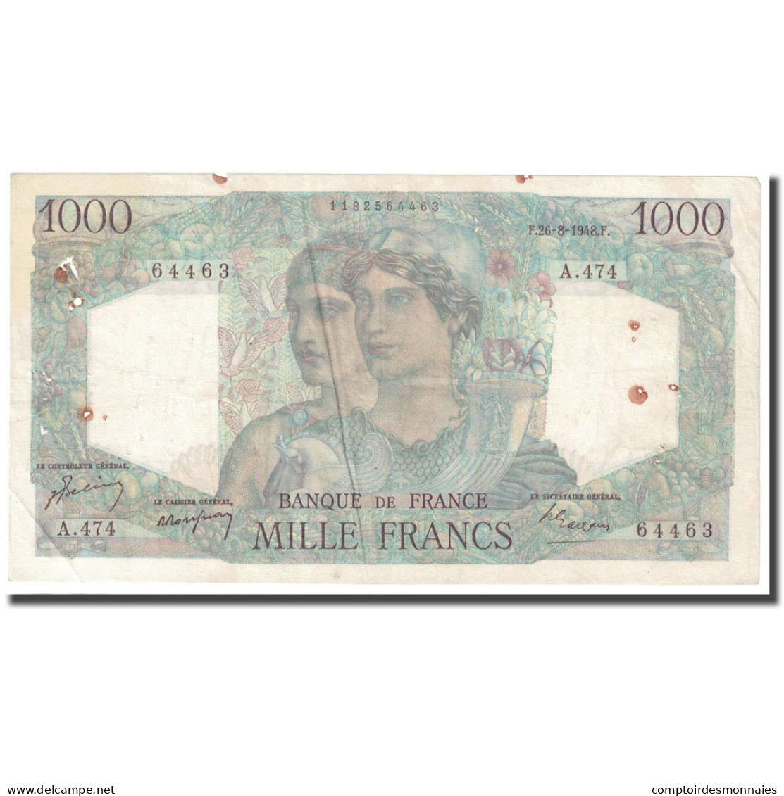 France, 1000 Francs, Minerve Et Hercule, 1948, 1948-08-26, TB+, Fayette:41.23 - 1 000 F 1945-1950 ''Minerve Et Hercule''