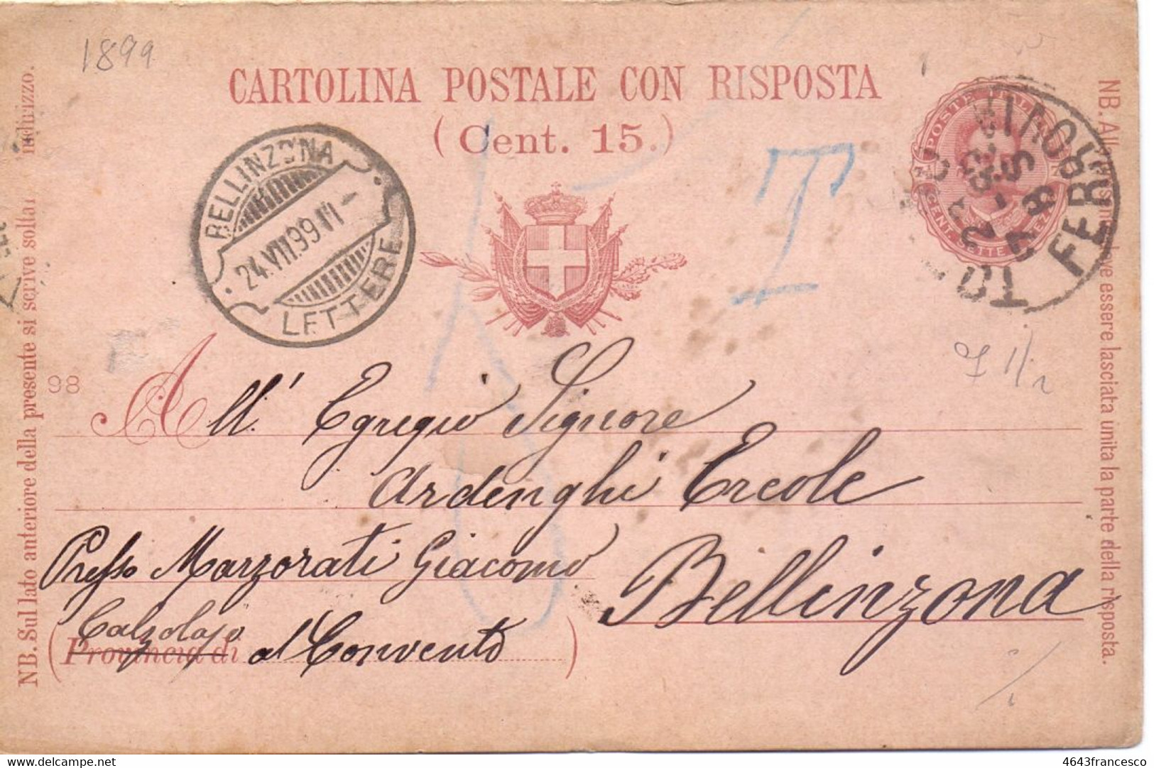 1899 Cartolina Postale 7 E Mezzo Con  Risposta Da Torino  Per Bellinzona - Entero Postal