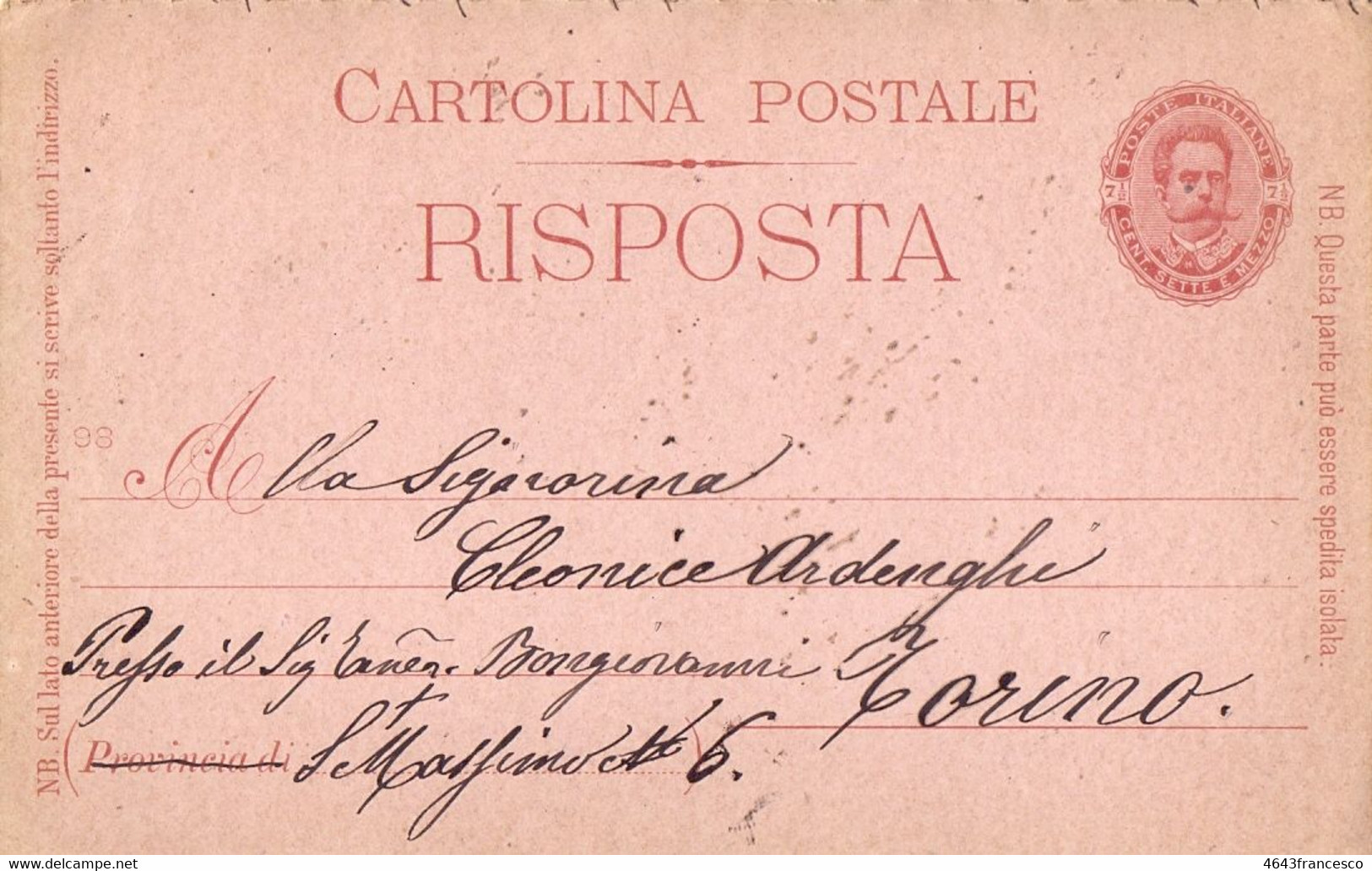 1899 Cartolina Postale 7 E Mezzo Con  Risposta Da Torino  Per Bellinzona - Entero Postal