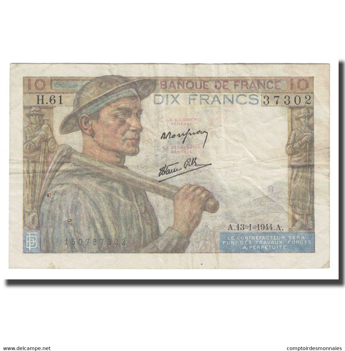France, 10 Francs, Mineur, 1944, 1944-01-13, B+, Fayette:8.12, KM:99e - 10 F 1941-1949 ''Mineur''