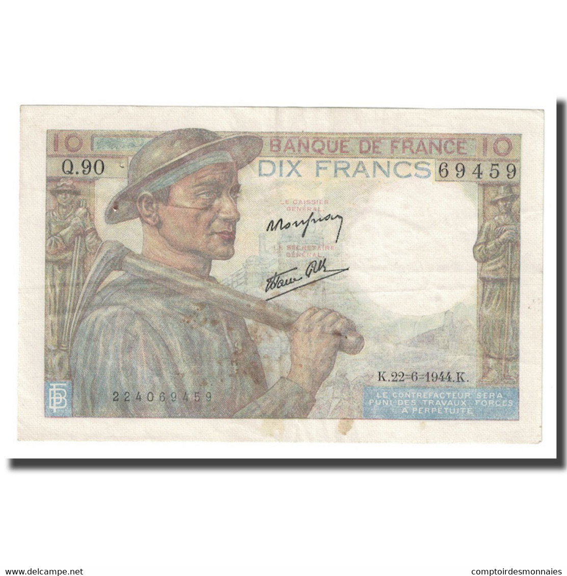 France, 10 Francs, Mineur, 1944, 1944-06-22, TTB, Fayette:08.12, KM:99e - 10 F 1941-1949 ''Mineur''