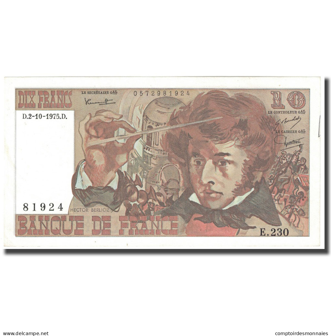France, 10 Francs, Berlioz, 1975, 1975-10-02, SPL+, Fayette:63.13, KM:150b - 10 F 1972-1978 ''Berlioz''