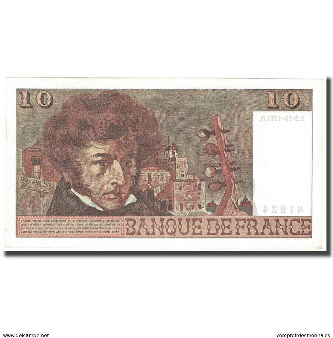 France, 10 Francs, Berlioz, 1975, 1975-10-02, SPL+, Fayette:63.13, KM:150b - 10 F 1972-1978 ''Berlioz''