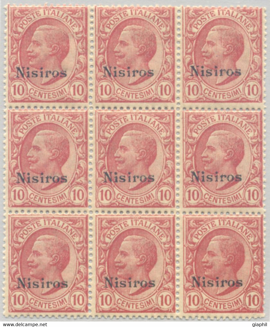 ITALIA ISOLE DELL'EGEO NISIRO 1912 10 C. (Sass. 3) BLOCCO DI 9 NUOVO INTEGRO ** - Aegean (Nisiro)