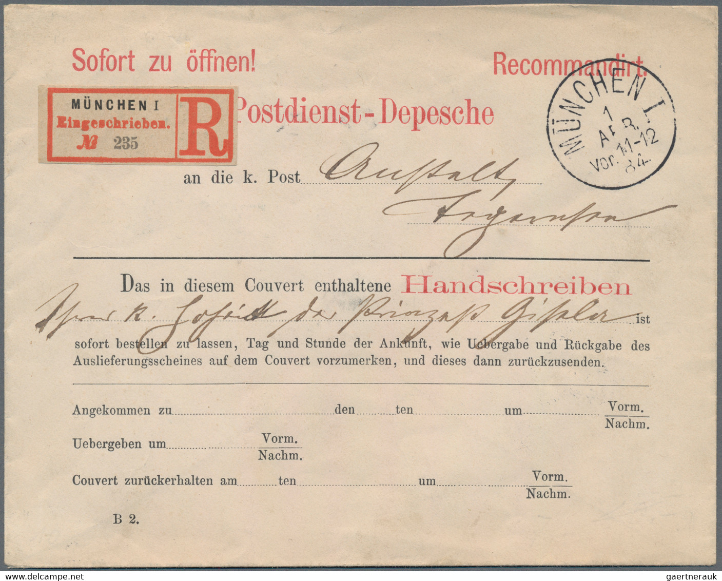 Bayern - Besonderheiten: 1884, POSTDIENST-DEPESCHE: Vordruckumschlag "Sofort Zu öffnen! Postdienst-D - Andere & Zonder Classificatie