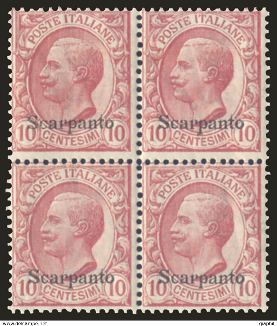 ITALIA ISOLE DELL'EGEO SCARPANTO 1912 10 C. (Sass. 3) QUARTINA NUOVA INTEGRA ** - Ägäis (Scarpanto)