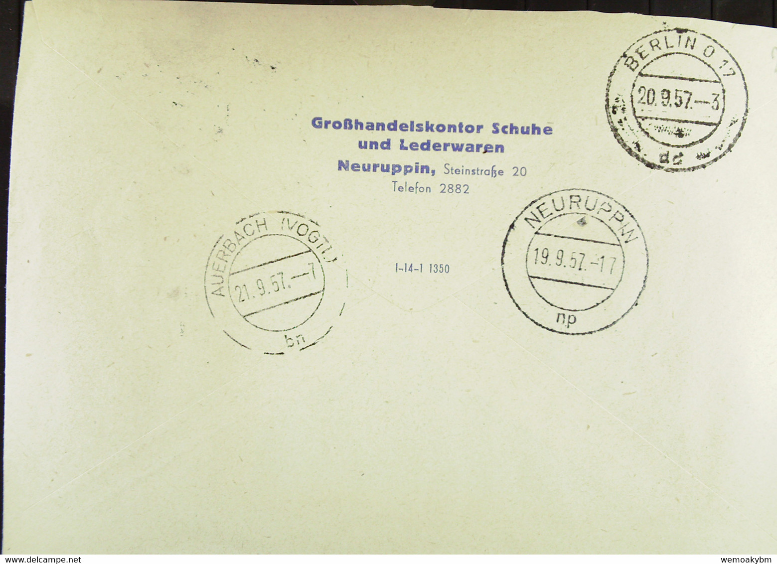 DDR: ZKD-Brief Mit 20 Pf EF Vom Großhandelskontor Schuhe Und Lederwaren Neuruppi 12.10.57 Nach Auerbach Knr: B 15 (4009) - Briefe U. Dokumente