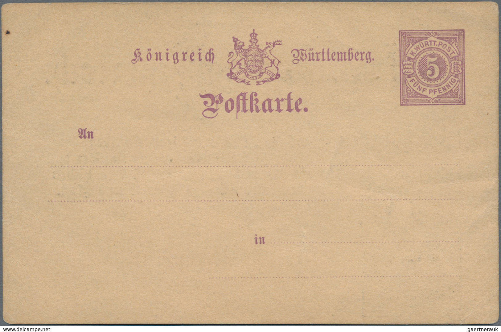 Württemberg - Privatganzsachen: 1880er (ca). Privat-Postkarte 5 Pf Ziffer Violett (Zudruck) "Gruß Au - Andere & Zonder Classificatie