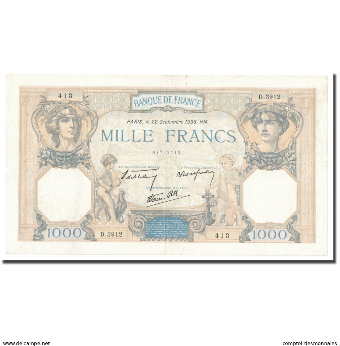 France, 1000 Francs, Cérès Et Mercure, 1938, 1938-09-22, SUP, Fayette:38.27 - 1 000 F 1927-1940 ''Cérès Et Mercure''