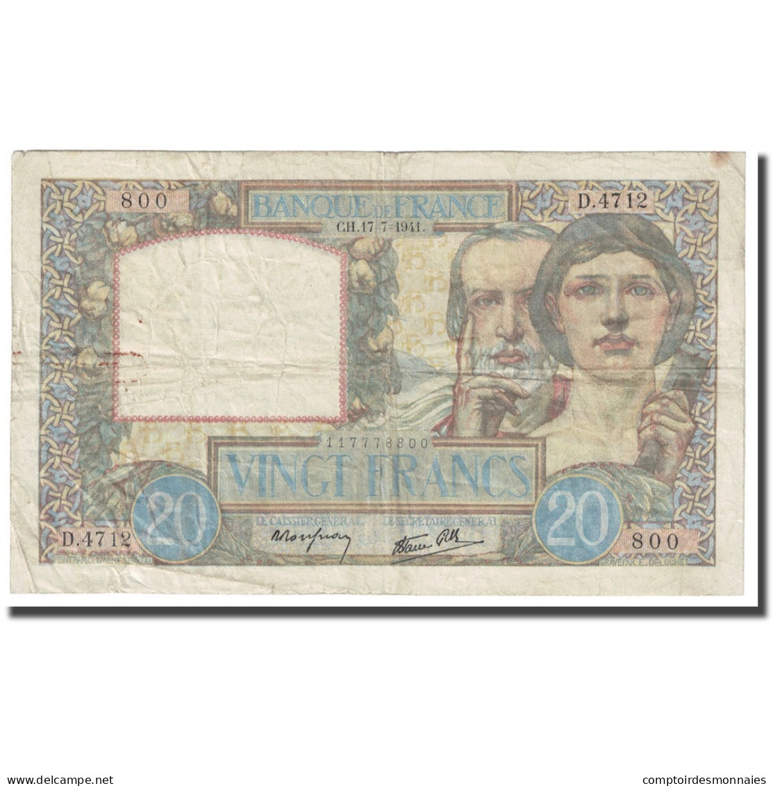 France, 20 Francs, Science Et Travail, 1941, 1941-07-17, TTB, Fayette:12.16 - 20 F 1939-1942 ''Science Et Travail''