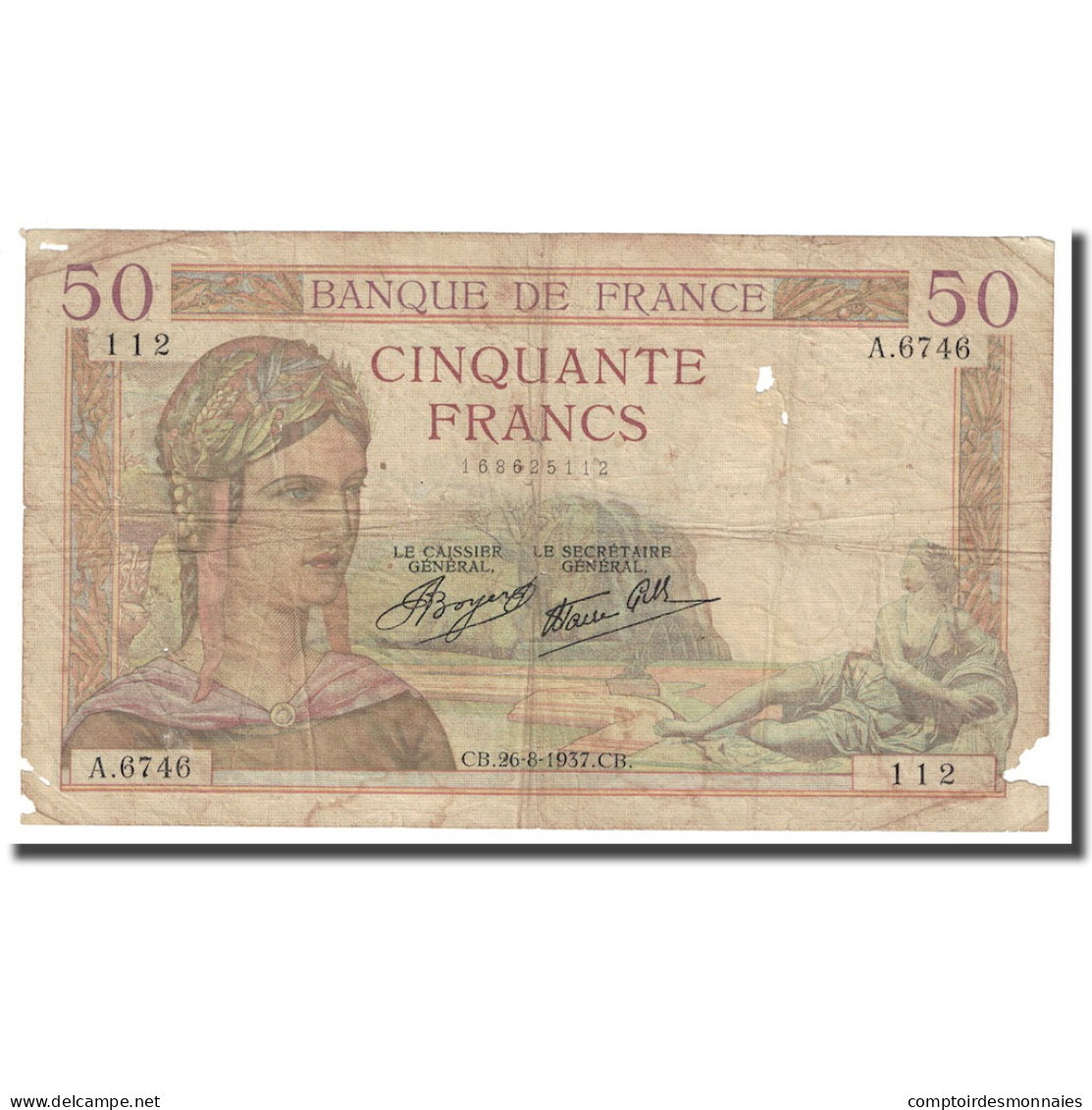 France, 50 Francs, Cérès, 1937, 1937-08-26, B+, Fayette:18.2, KM:85a - 50 F 1934-1940 ''Cérès''