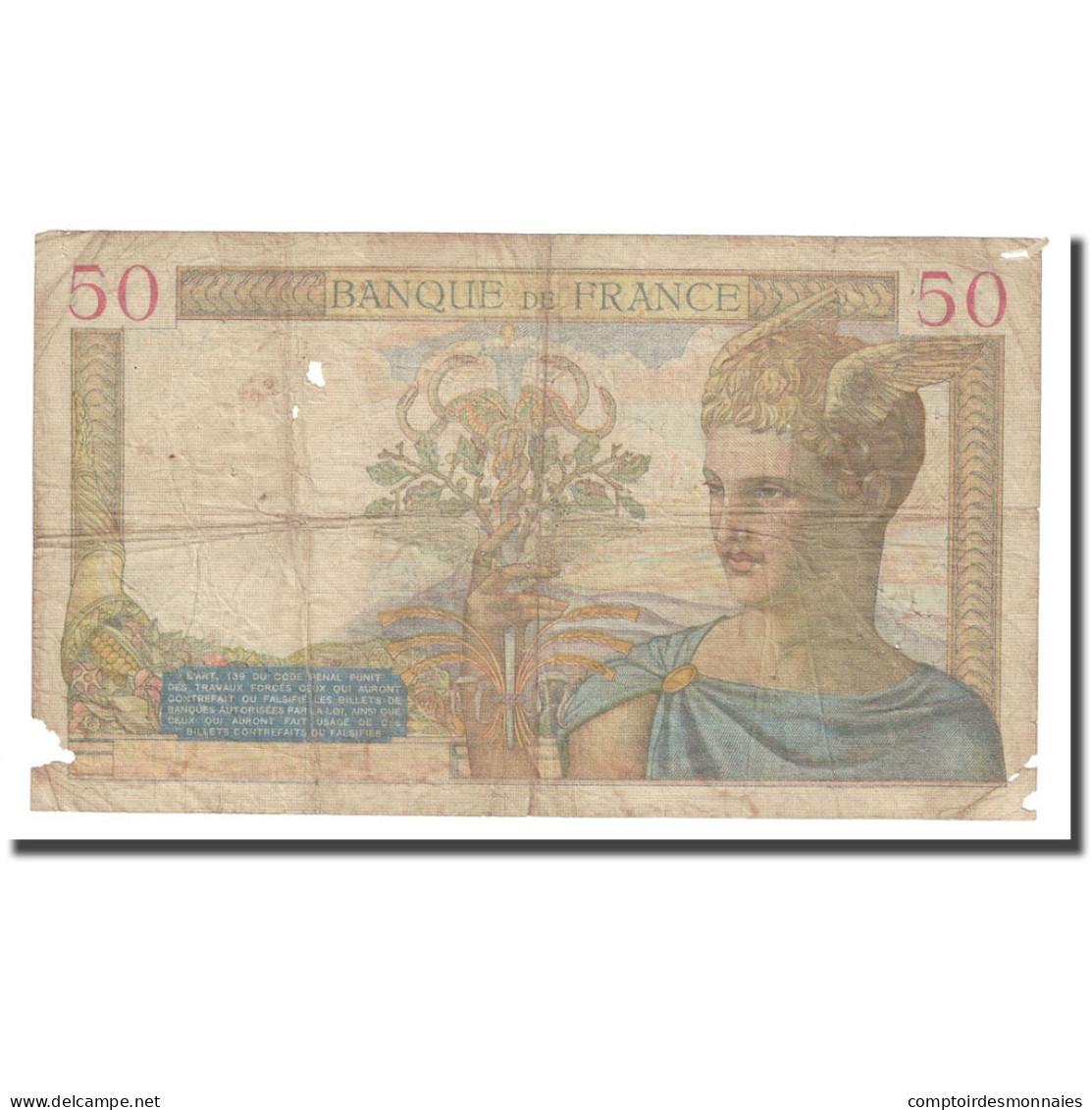 France, 50 Francs, Cérès, 1937, 1937-08-26, B+, Fayette:18.2, KM:85a - 50 F 1934-1940 ''Cérès''