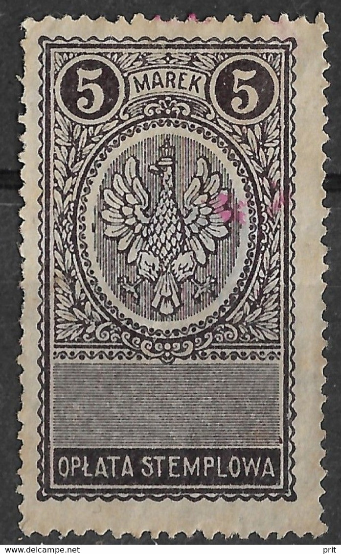 Poland 1921-1923, 5 Marek, Revenue/Fiscal. Opłata Stemplowa - Fiscaux