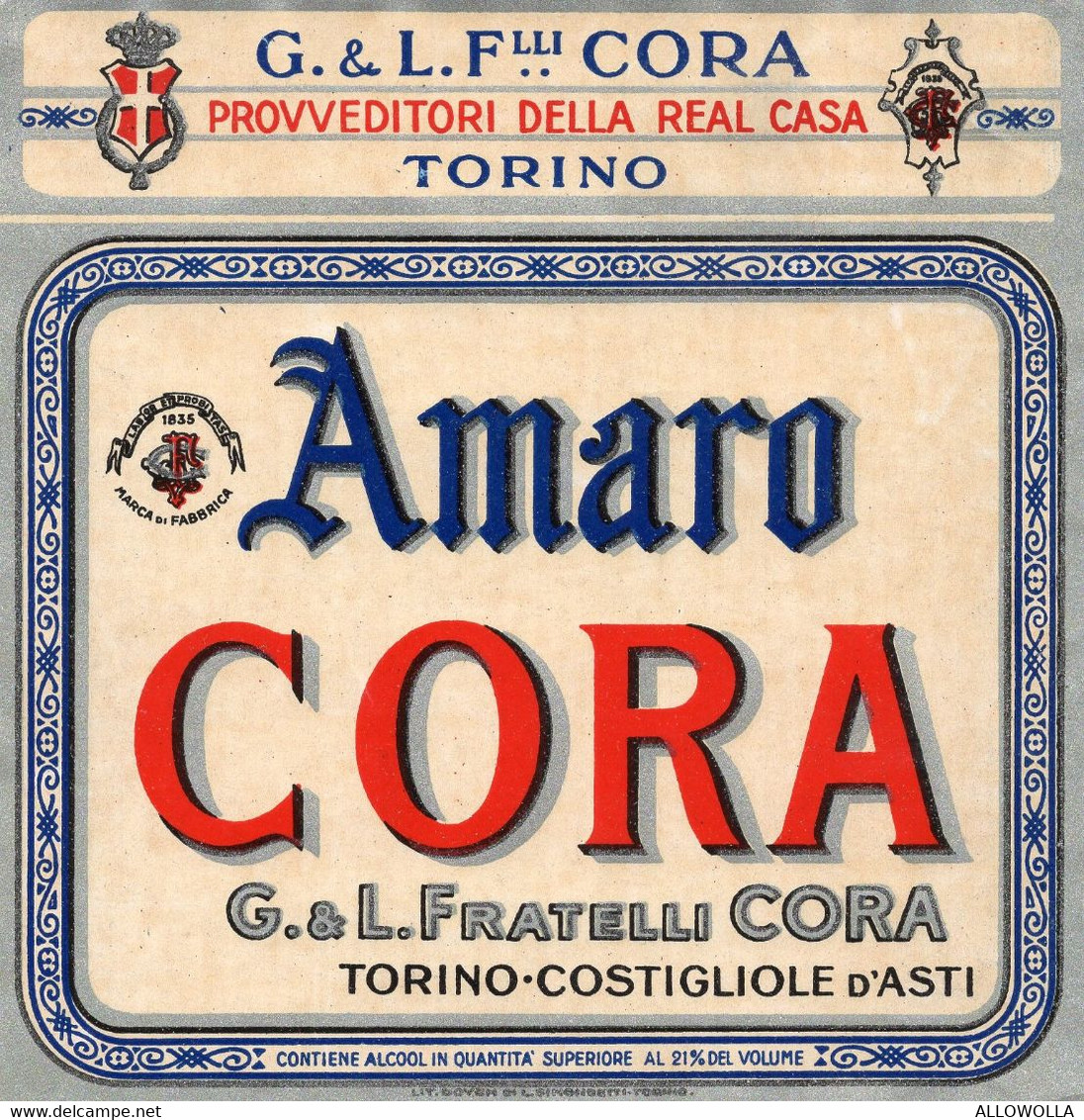 11163 "AMARO CORA-G.&L. FRATELLI CORA-TORINO-COSTIGLIOLE D'ASTI"(1)-ETICHETTA ORIGINALE Cm. 13,5 X 13,3 - Other & Unclassified