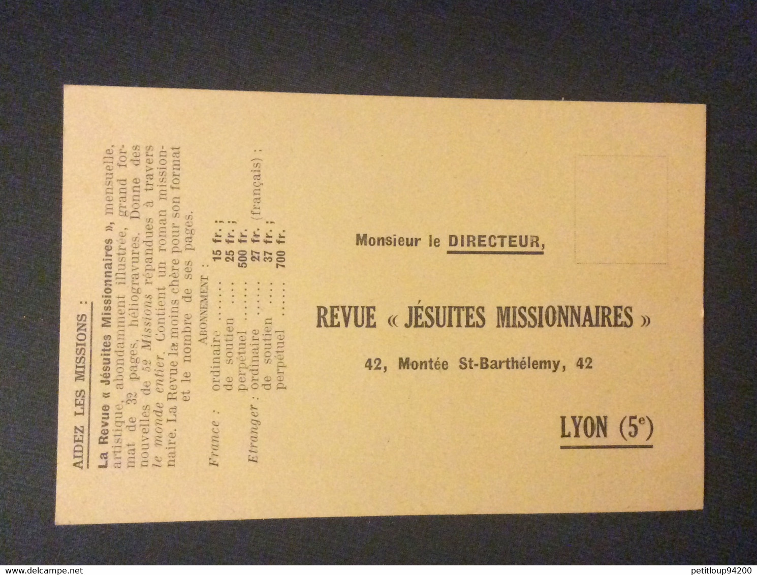 COUPON RÉPONSE  Revue “Jesuites Missionnaires”  LYON  Annee 1935 - Coupons-réponse