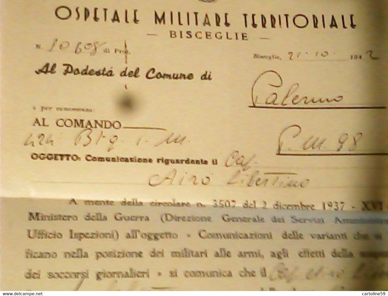 LETTERA OSPEDALE MILITARE BISCEGLIE  RILASCIO CERTIFICATO A MILITARE CONVALESCENZA PALERMO 1942 0 HX3589 - Bisceglie