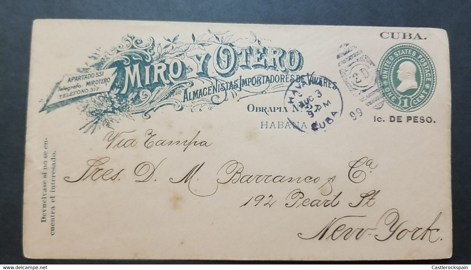 O) 1899 CUBA, CARIBBEAN, SPANISH ANTILLES, USS OCCUPATION, OBRAPIA N°2, POSTAL STATIONERY FRANKLIN 1c, 2 D. CANCELLATION - Kuba