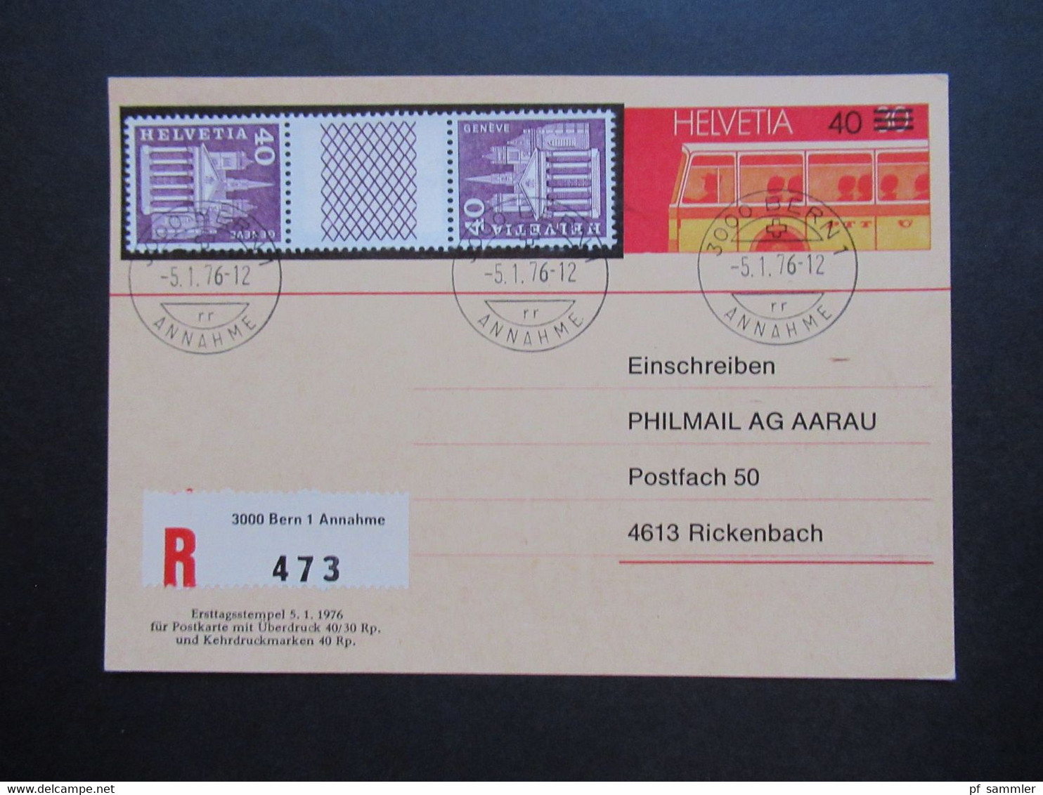 Schweiz FDC 5.1.1976 Zusammendruck KZ 31 Aus MHB 54 Jeweils Als Zusatzfrankatur Auf Ganzsache Einschreiben Bern - Zusammendrucke