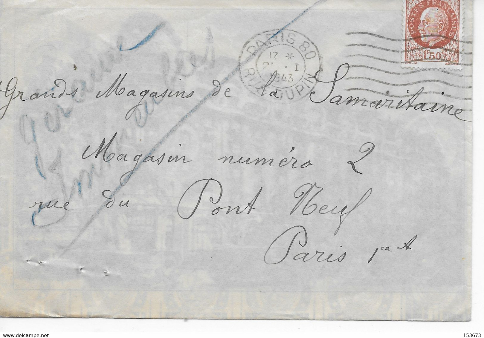 Enveloppe Illustration Hôtel Lutétia Paris à L'intérieur  Flamme Non Illustrée 7 Lignes Ondulées 1943 Sur 1,50 F Pétain - Cartas & Documentos