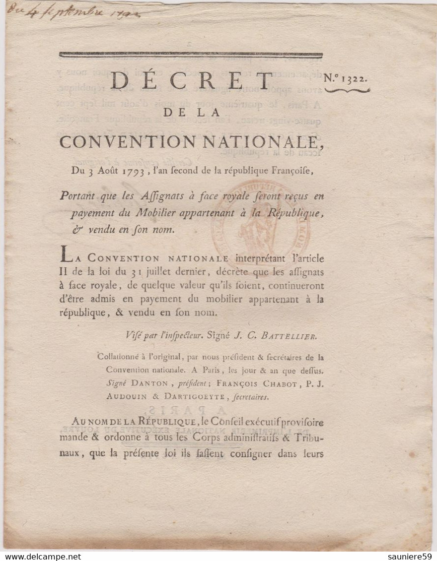 Rare Décret 1793 Numismatique Sur  Assignats à Face Royale  Avec Cachet Rouge R.F. N° 1322 Assignat - Historical Documents