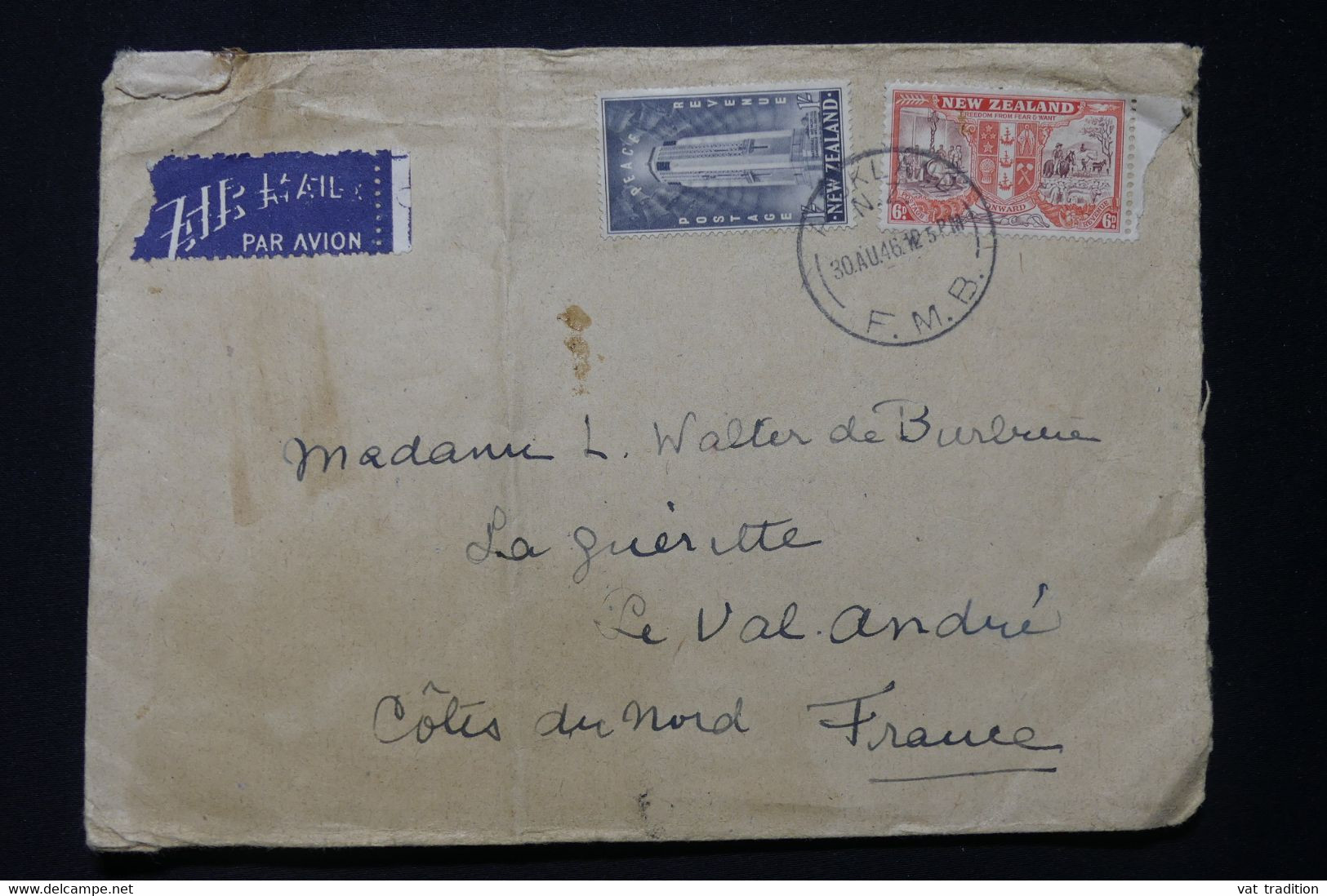 NOUVELLE ZÉLANDE - Enveloppe De Auckland Pour La France En 1946 Par Avion - L 86971 - Lettres & Documents