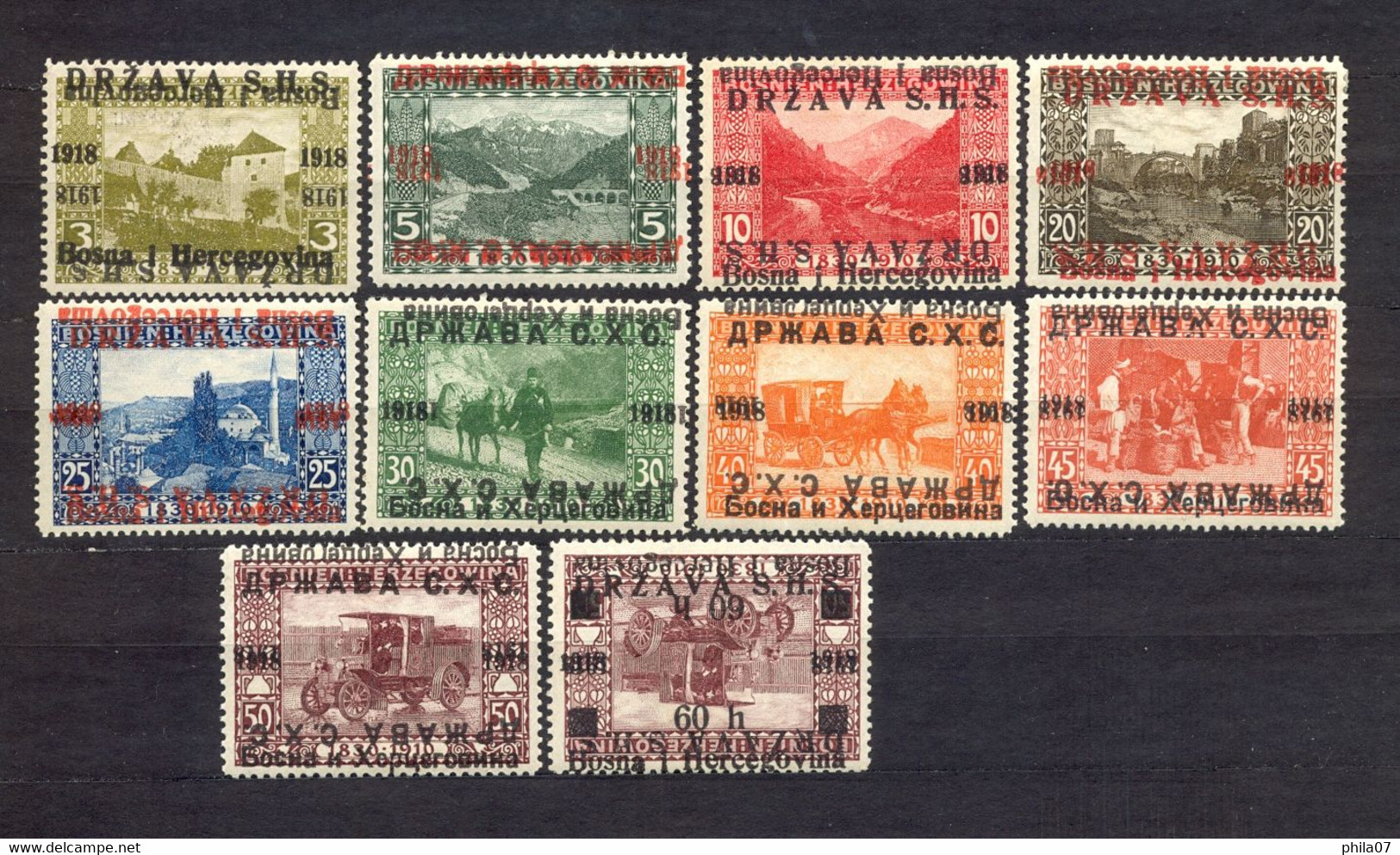 SHS BOSNIA AND HERZEGOVINA - Mi.No. 1/16, Double Overprint, One Of Which Is Inverted, 10 Various. - Bosnia And Herzegovina