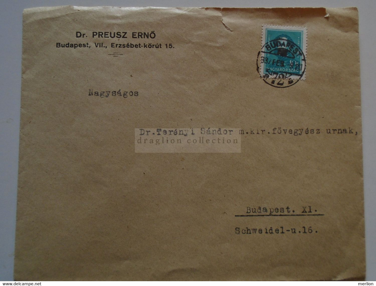 ZA344.28  Hungary-   Cover 1943    Dr. PREUSZ Ernő  Bp. -sent To Dr. Terényi Sándor M. Kir Fővegyész   Chief Chemist - Autres & Non Classés