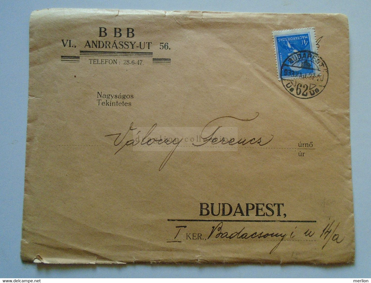 ZA344.29  Hungary-   Cover 1933    BBB   Sent To Válóczy Ferenc  Budapest - Altri & Non Classificati