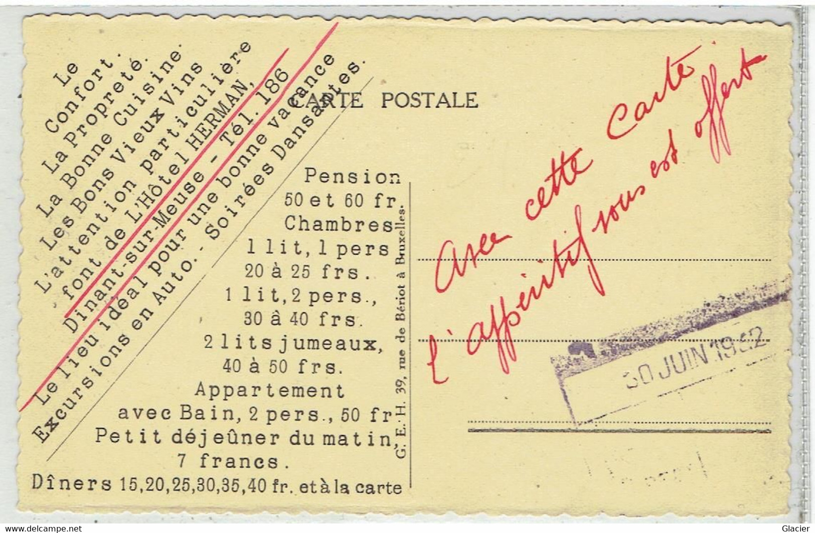 DINANT - Hôtel Herman - Voir Verso Les Tarifs - Avec Cette Carte L' Apperitif Vous Est Offert - 30 Juin 1932 - Dinant