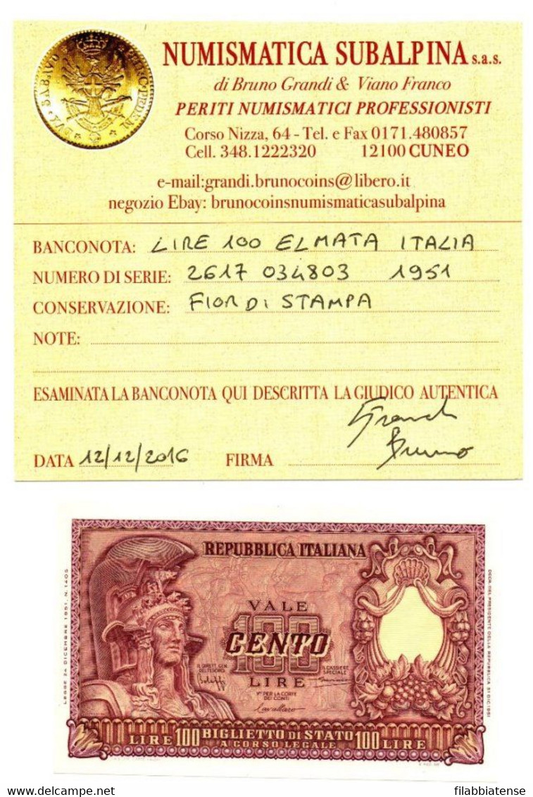 Italia - 100 Lire 1951 Elmata - Bolaffi     ---- - 100 Lire