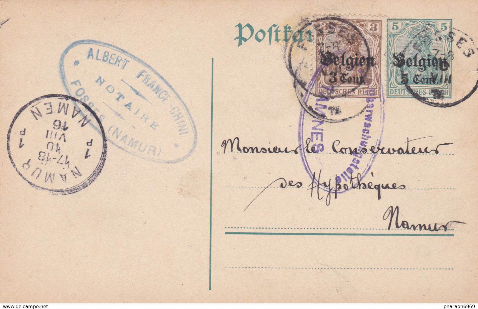 2 Scans Carte Entier Postal + OC1 Fosses Cachet Censure Militaire Tamines - Ocupación Alemana