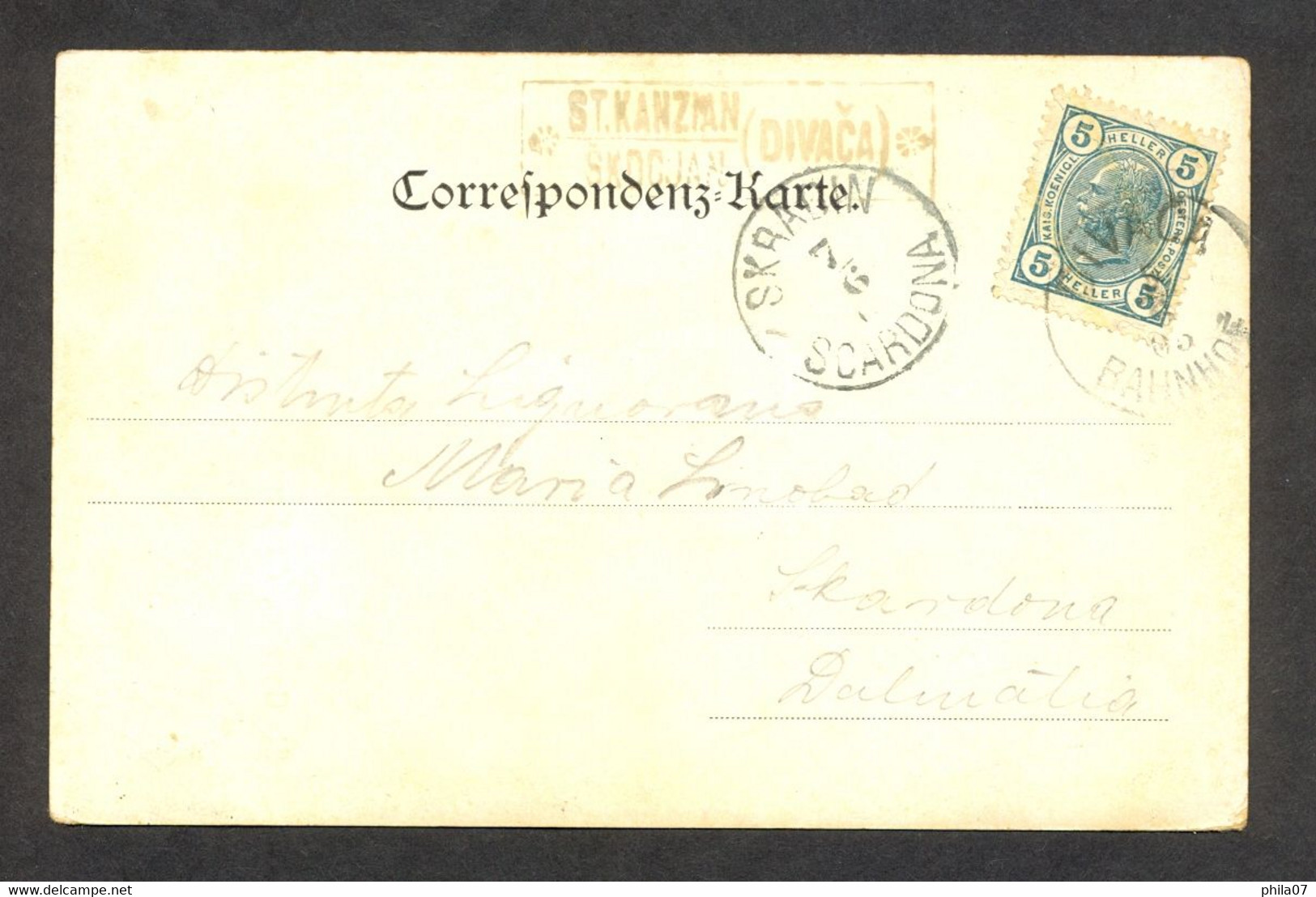 SLOVENIA - Postcard Of Skocjan Sent From Postal Agency ST. KANZMAN/SKOCJAN Via Post Divaca To Skradin 05.06. 1905. - Slovénie