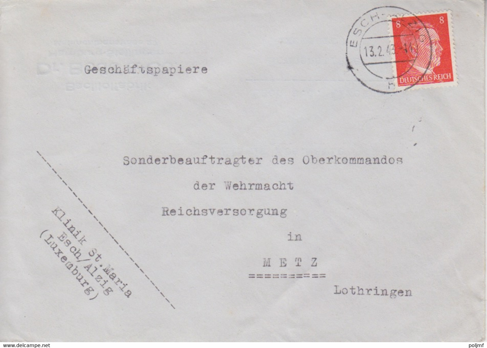 Lettre à Entête (Klinik St. Maria...) Obl. Esch - Alzig N Sur TP Hitler 8pf (imprimé) Le 13/2/43 - 1940-1944 Occupazione Tedesca