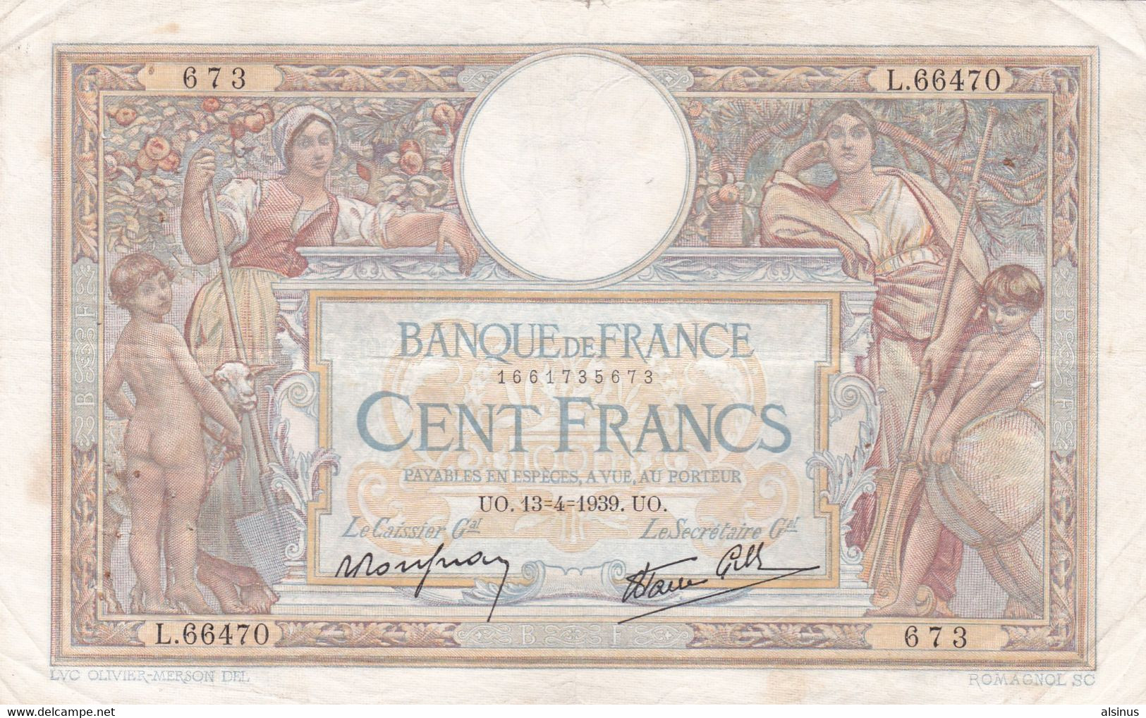 CENT FRANCS - OLIVIER MERSON - 13/4/1939 - L.66470 - TTB - 100 F 1908-1939 ''Luc Olivier Merson''