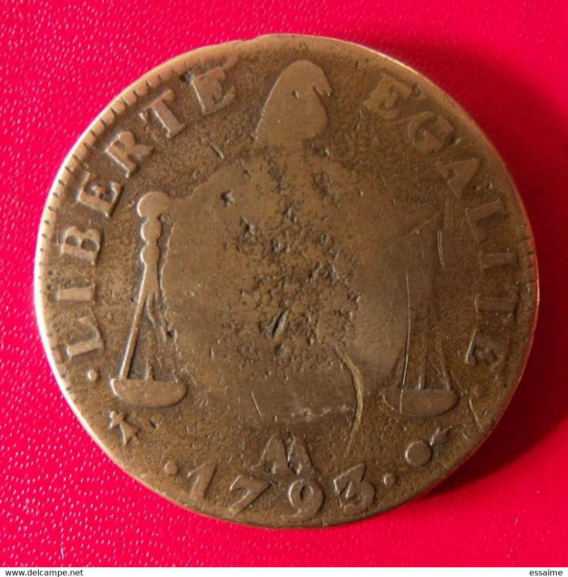 France République Françoise. Balances. 1 Sol. 1793 L'an II AA. Diam. 33 Mm - 1792-1804 First French Republic